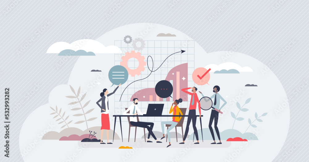 Work group as effective approach for business project tiny person concept. Teamwork and collaboration as effective strategy for company vector illustration. Data analysis and job information sharing.