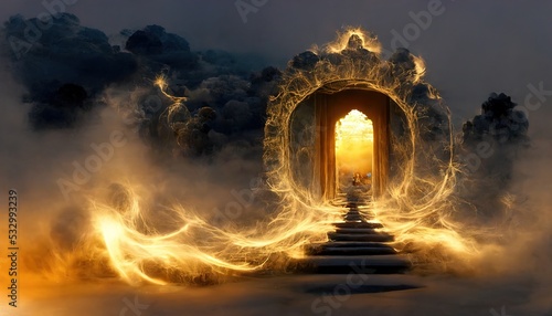 Portal in a stone arch with magical symbols in a mountain cave. Rainbow glow. Gate to alien worlds in an ancient temple. Fantasy scene. 3d render