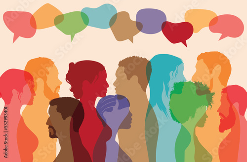 A crowd of people speaking and vector cartoon characters. People communicating between each other. A discussion group of diverse individuals.