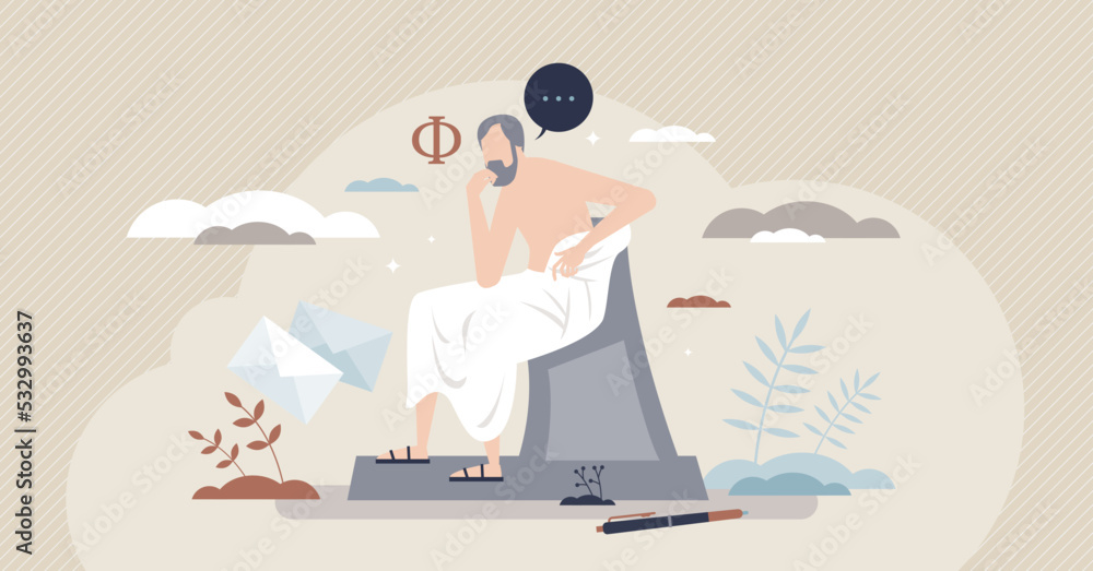 Philosophy as study about thinking and mind intelligence tiny person concept. Thought exploration with literature about ideology and ethics vector illustration. Civilization wisdom and greek culture.