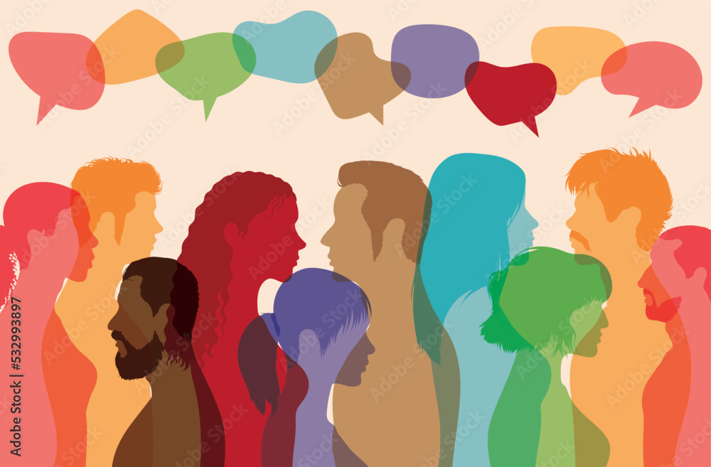 Multiracial communication. Vector cartoon coloured profile. Social networking. Speaking bubble. Crowd talking. Multi-ethnic and multicultural group speaking.