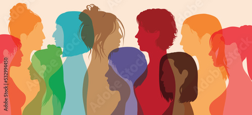 The concept of racial equality. Sharing, talking, and allies between women. Female community or social network. Group of diverse and multicultural women.