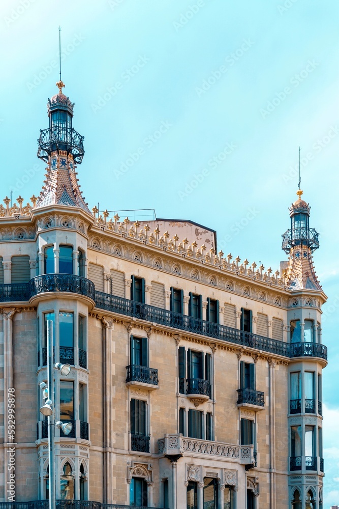 Barcelona, Spain-August 18, 2022. Catalan modernist style building in the center of Barcelona, Spain.