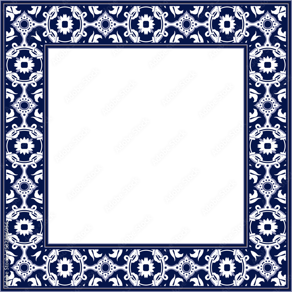 Obraz premium Vintage pattern stylish square frame retro blue botanic garden spiral cross flower leaf