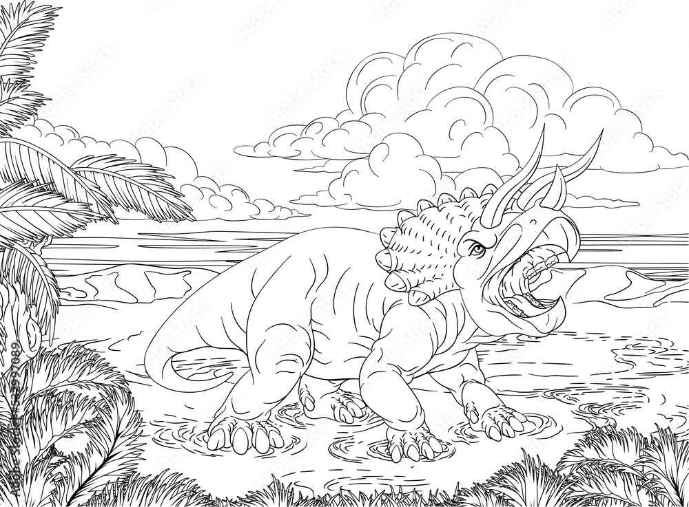 Dinosaur Triceratops Scene Coloring Book Page