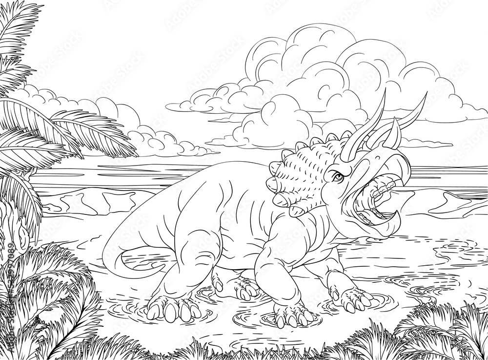 Dinosaur Triceratops Scene Coloring Book Page Dinosaur Triceratops Scene Coloring Book Page