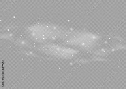 Cold wind with snow blow, winter weather with white smoke flying snowflakes. Christmas effect of a cold blizzard. Freezing breath curve trails. Flow snowy smoky stream, icy vapor. Vector illustration