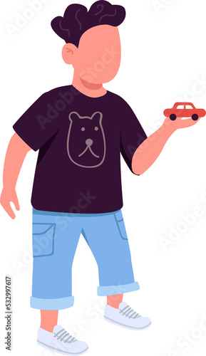 Boy with toy car semi flat color raster character. Standing figure. Full body person on white. Child playing isolated modern cartoon style illustration for graphic design and animation
