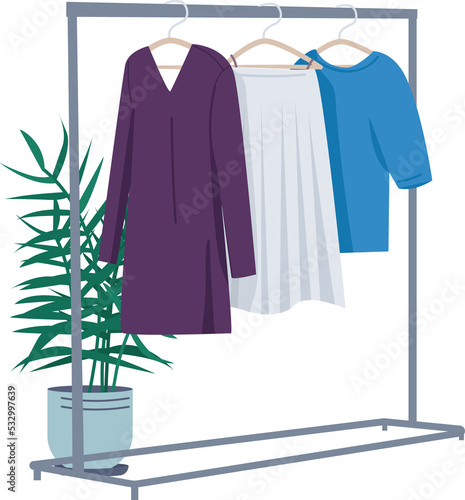 Rack with feminine clothing semi flat color raster object. Realistic item on white. Shopping and consumerism isolated modern cartoon style illustration for graphic design and animation
