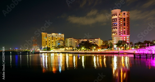 Tampa  FL USA - 09 23 2022  Night landscape of Beautiful Hillsborough River and Tampa downtown