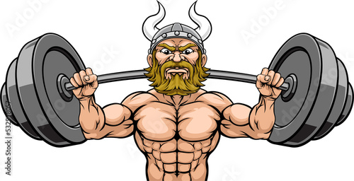 Viking Weight Lifting Mascot Muscle Gym Cartoon photo