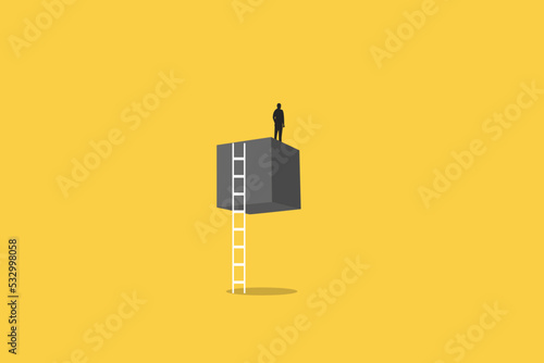 businessman on the top of cube observing the future. Symbol of future, strategy, planning, opportunity.