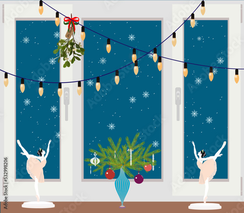 snowfall outside a window decorated for Christmas