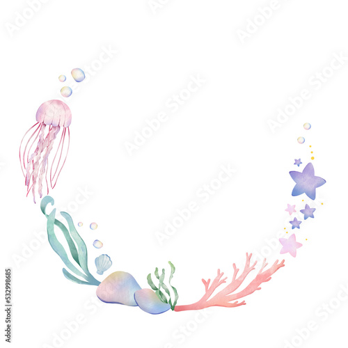 Hand painted under the sea illustration. Watercolor under water sea creature frame suitable for baby shower, invitation, card, decoration, etc 