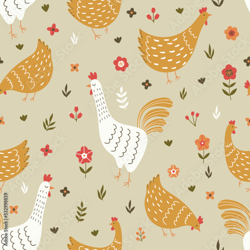 Seamless pattern with cute chickens and flowers in folk style. Chicken and rooster in cartoon style. Hand drawn design for textiles, clothing, bed linen, office supplies.