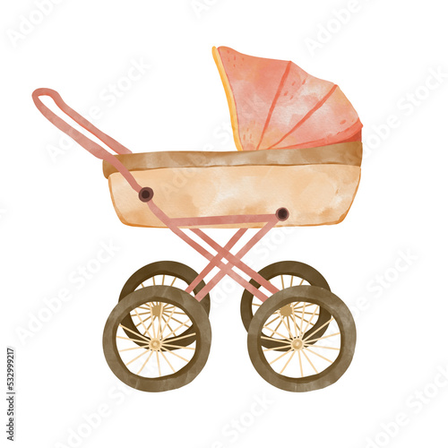 Watercolor hand painted baby carriage Illustration. Vintage baby stroller perfect for invitation, decoration, baby shower, etc
