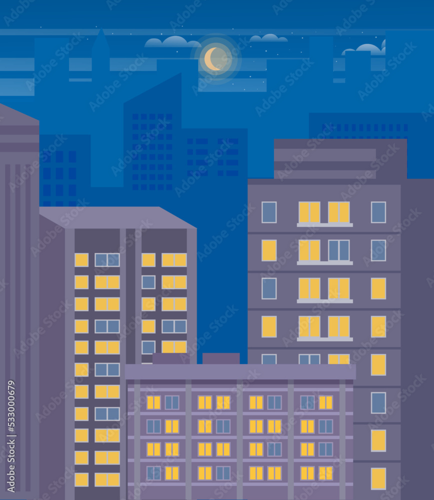 City skyline vector illustration. Urban landscape. Night time cityscape with moon in sky, houses and buildings. Evening scene of landscape with nature and architecture. Town streets with constructions
