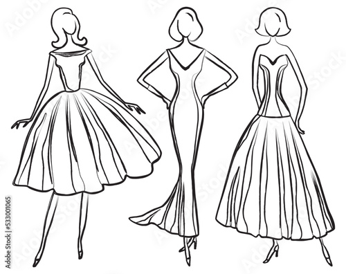 Contour drawing of elegant women in evening dresses