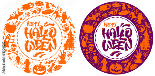 Happy Halloween circle frame set. Holiday pattern with calligraphy lettering, pumpkin, ghost, bat, witch hat and cauldron and other. Isolated on white and violet background. Vector illustration