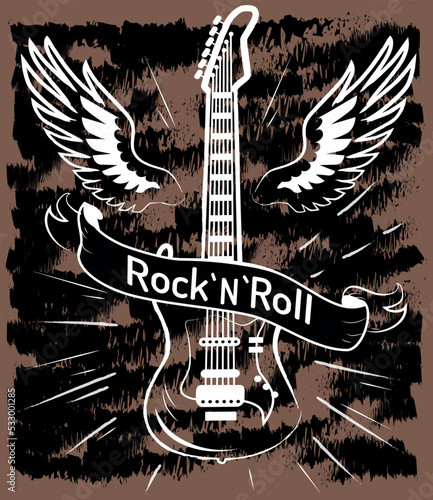 Vintage hand drawn rock n roll poster. Music t shirt design label. Musical tee graphics with emblem. Rock festival, slogan graphic for banner. Electric guitar with wings behind it, placard with ribbon