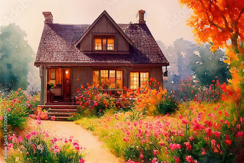 Painting with a house, flower beds.