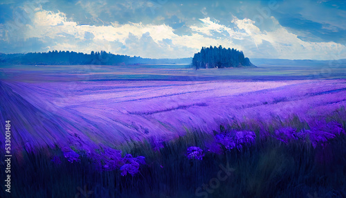  Purple field and sky with clouds.