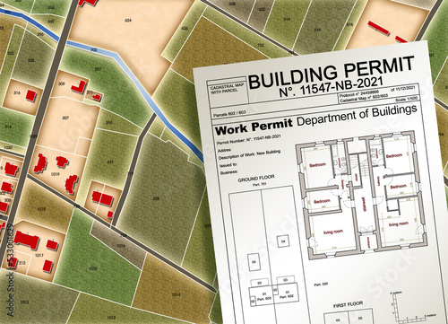 Imaginary General Urban Plan and Buildings Permit in rural areas - concept image - note: the map and the permit are totally invented and does not represent any real place