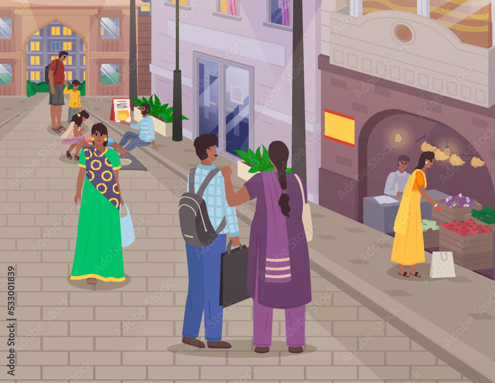 Indian market with people and different shops with ancient cityscape at background. Ceramics, fabrics, carteps, spices, sweets, vegetables. Asian characters, oriental bazaar, authentic marketplace Indian market with people and different shops with ancient cityscape at background. Ceramics, fabrics, carteps, spices, sweets, vegetables. Asian characters, oriental bazaar, authentic marketplace