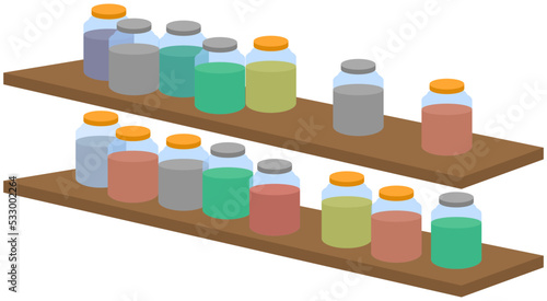 Colored glasses jars with herbs spices set composition on wooden shelves Illustration spices for food preparation. Slling chopped vegetables and plants to customers. Arabic or Indian local marketplace