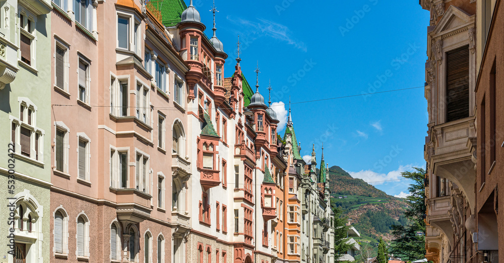 The picturesque and colorful buildings of Bolzano. Trentino Alto Adige, Italy.