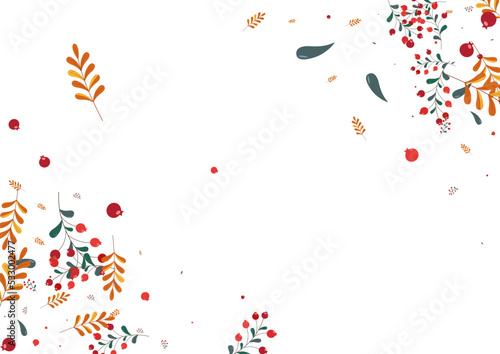 Pink Leaves Background White Vector. Herb Dry Illustration. Red Leaf Drawn. Floral Card. Rowan Object.