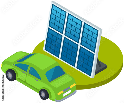 Electric car charging near alternative energy sources. Vehicle on renewable smart electricity network grid. Production of bio power for charging modern auto. Solar panels to create eco fuel