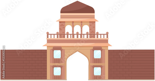 Entrance to Indian Palace, flat illustration in beige and brown colors, isolated on white background. Asian arch with mosaics, lanterns. Middle east architecture elements. Ancient gates, castle
