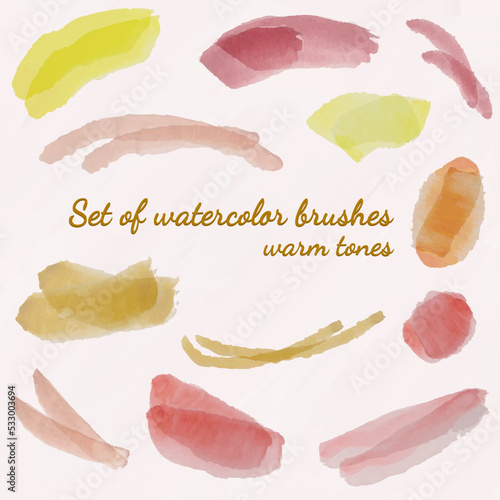 Set of watercolor brushes. Warm tones.