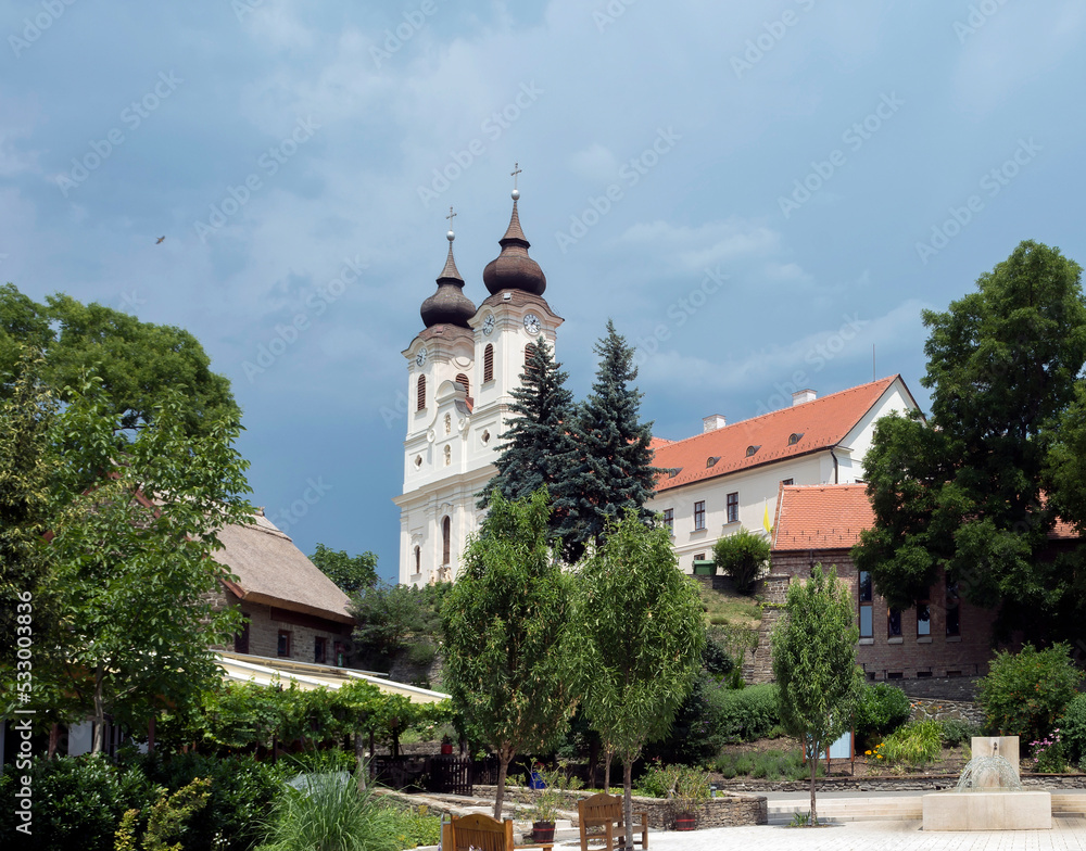 Benedictine abbey in Tihany, Hungary. - obrazy, fototapety, plakaty 
