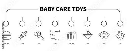 Baby care toys, kid feeding banner web icon vector illustration concept