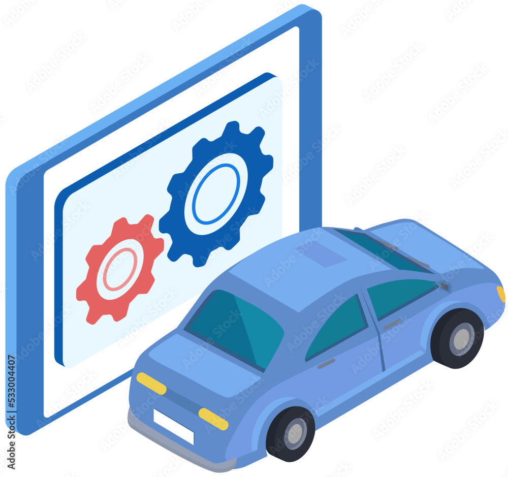 Working with technologies for vehicle maintenance. Auto repair and diagnostics service design elements. Mobile program for internet diagnostics. Automobile near tablet with car workshop app on screen