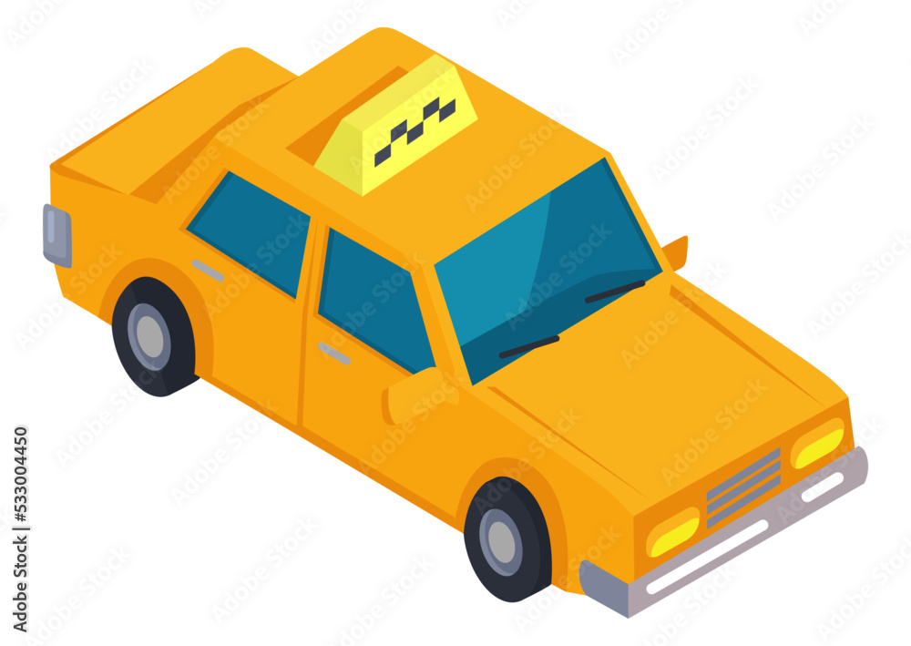 Taxi wireless connection car for driving on road. Autopilot transport for traveling in smart city trips. Isometric automobile. Modern 3d car design transport and equipment, vehicle sedan side view Taxi wireless connection car for driving on road. Autopilot transport for traveling in smart city trips. Isometric automobile. Modern 3d car design transport and equipment, vehicle sedan side view