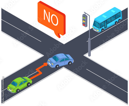 Crossroad street with cars, traffic rules, traffic violation. Intersection with automobiles while driving. Track with road marking and traffic light. Highway, intersecting roads with public transport