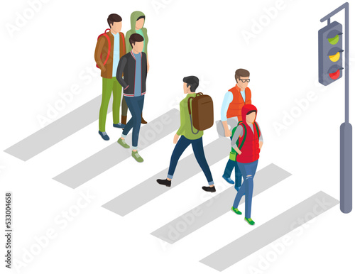 Pedestrian crossing on street. Crosswalk with pedestrians. Men and women crossing city road. Movement and transportation in town. Track with road marking and traffic light vector illustration
