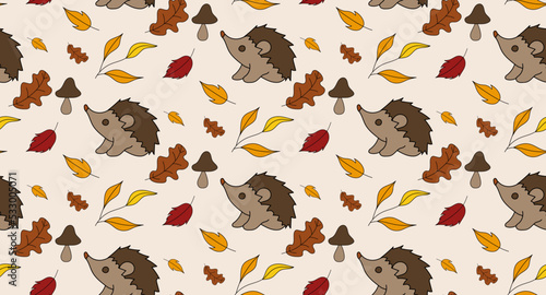 Seamless pattern with hedgehog and mushroom. Autumn pattern in vector