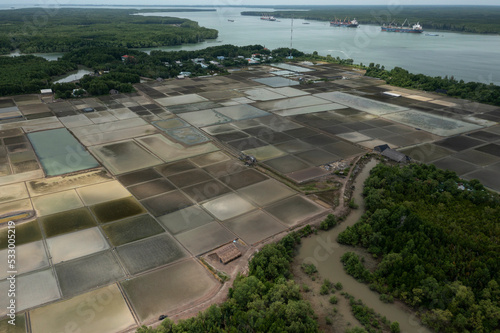 Aerial view of Can Gio salt fields in Vietnam.