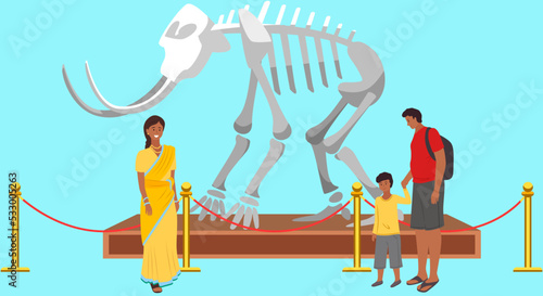 Historical museum interior with dinosaur skeleton and archeological exhibits. Family mother, father and son at exhibition of paleontology and archeology, prehistoric animals and ancient artefacts