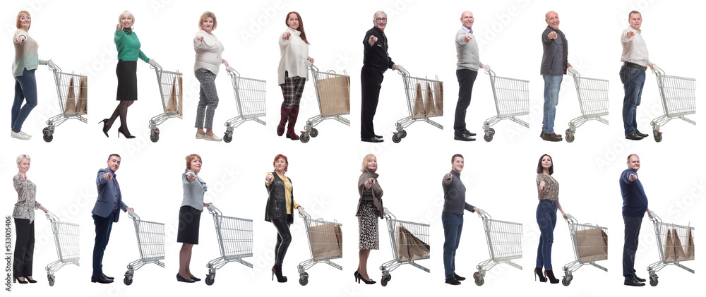 a group of people with a shopping cart point their finger at the camera