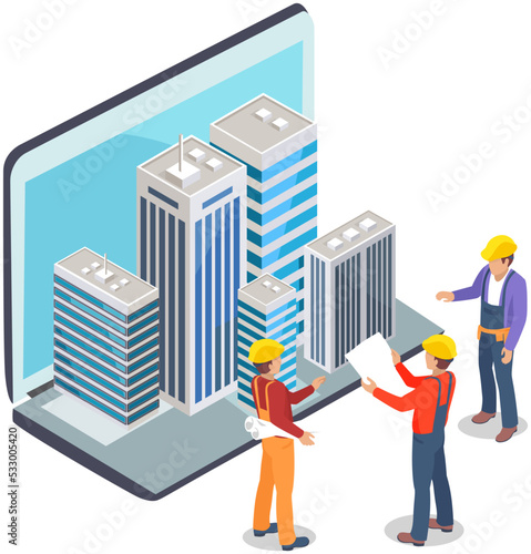 Architects analyse blueprint for construction. Modern architecture of city, town exterior. Engineers create plan of skyscrapers building, Builders work with futuristic architectural structures