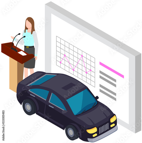 Car presentation with orator near screen. Woman presenter talks about new automobile and shows statistics. Exhibition, showroom of transport technology. Lady present vehicle with data on display
