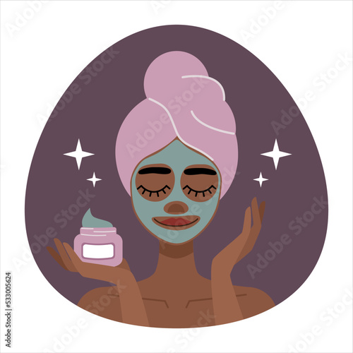 Flat illustration african american woman with towel on head takes care of skin, face cream and mack