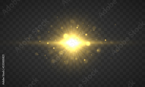 Golden glitter bokeh lights sparkles. Shining star, sun particles and sparks with lens flare effect. Blurred vector glare design collection. Christmas gold light. Sunshine glowing yellow stars.	