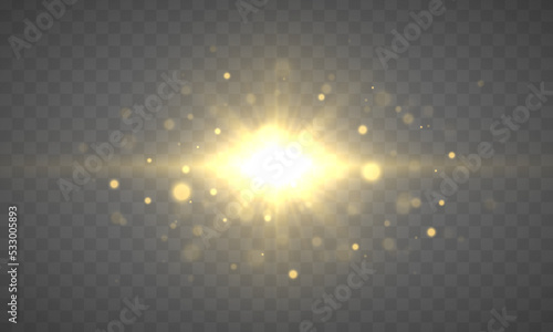 Golden glitter bokeh lights sparkles. Shining star, sun particles and sparks with lens flare effect. Blurred vector glare design collection. Christmas gold light. Sunshine glowing yellow stars.	