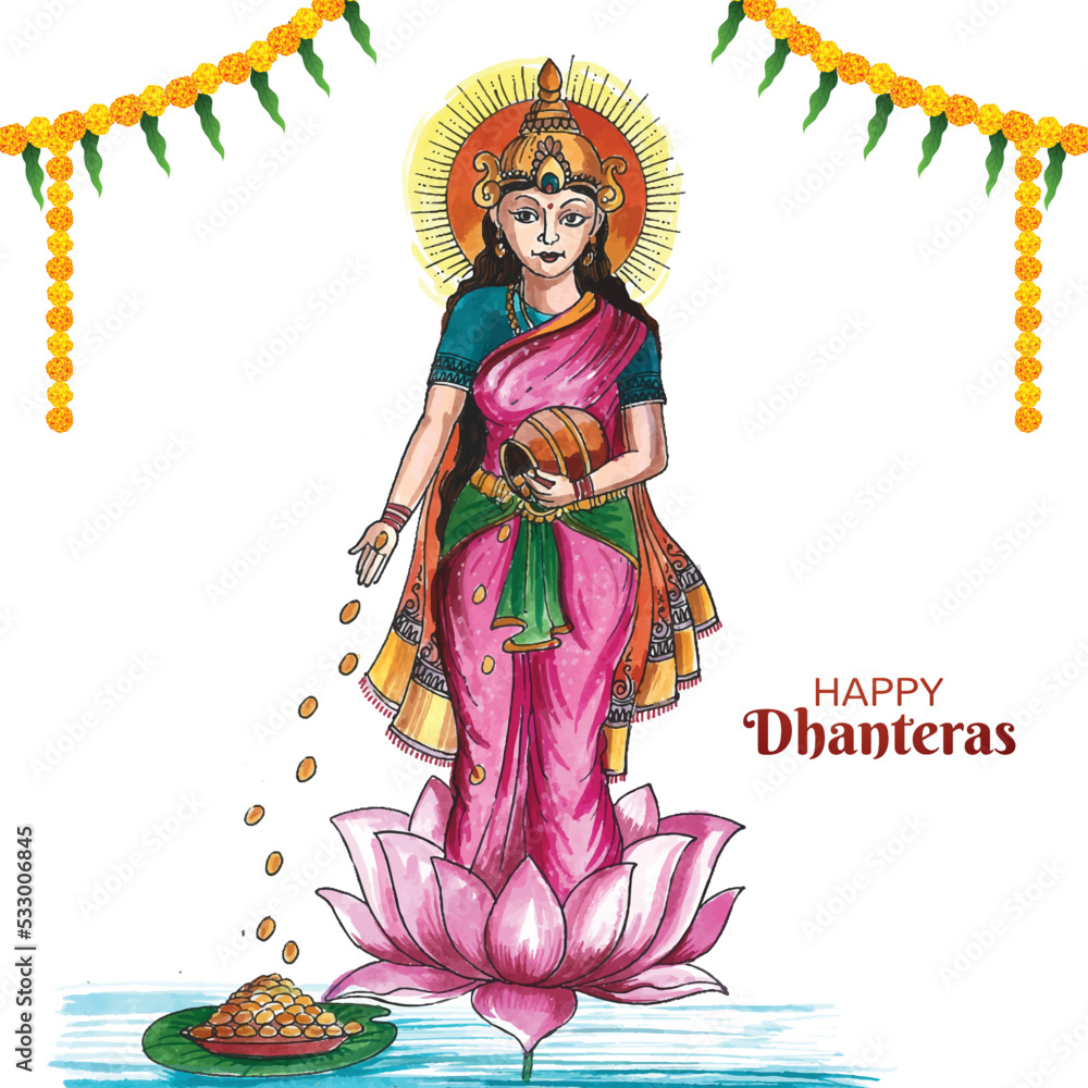 Goddess maa laxmi with coins for indian festival dhanteras background